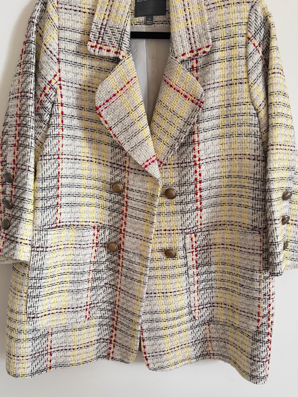Textured Plaid Double-Breasted Blazer